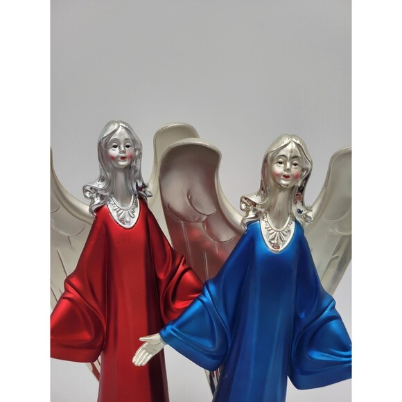 Lot Of 2 Plastic Silver Tone Angel Figurines Red & Blue Table Decorations 12" - Picture 11 of 13